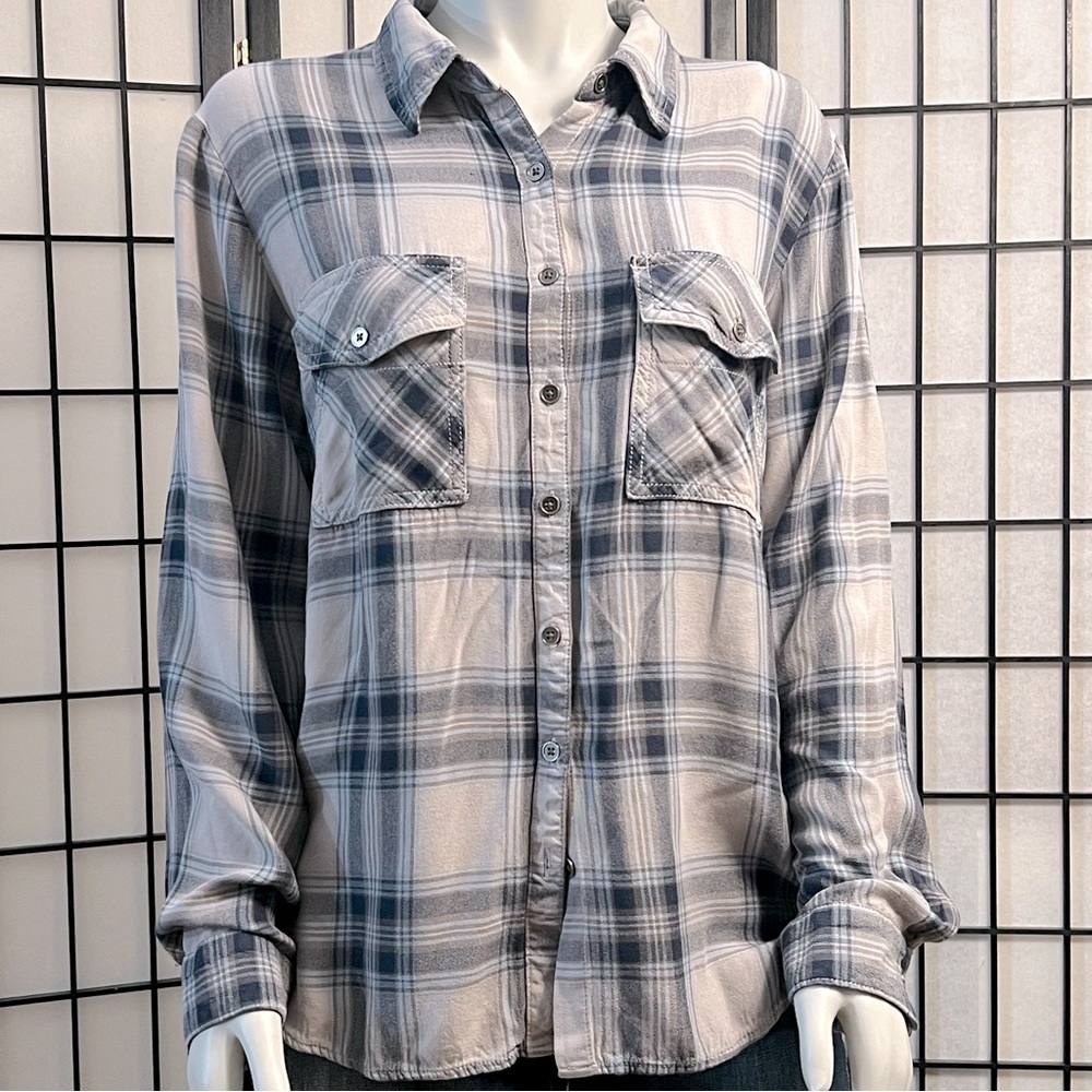 Maurices Blue Gray Plaid Long Sleeve Button Down Collared Shirt - Picture 2 of 12